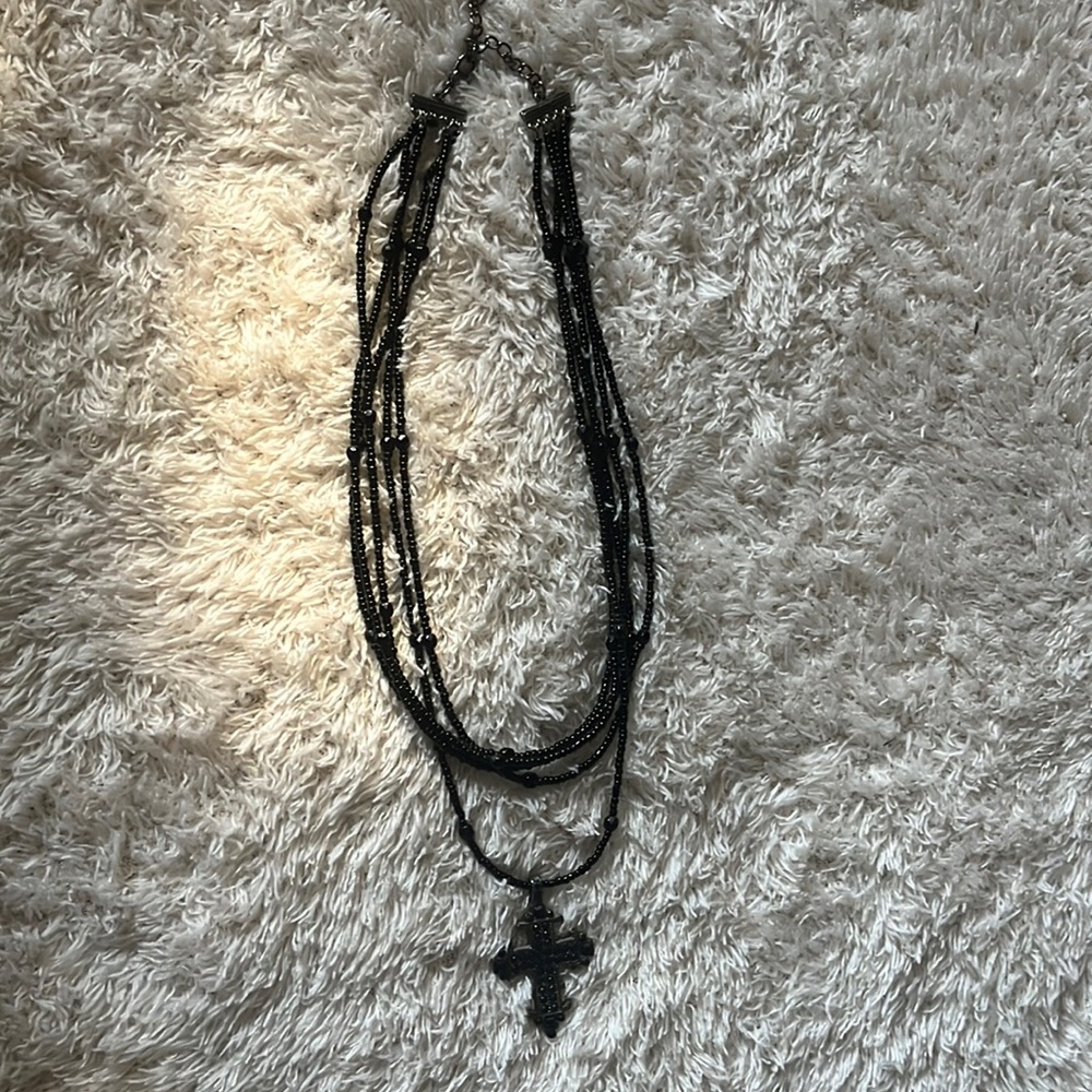 black beaded layered cross necklace